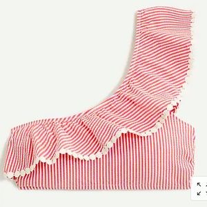J. Crew Pink and White One-Shoulder Ruffle Bikini Top